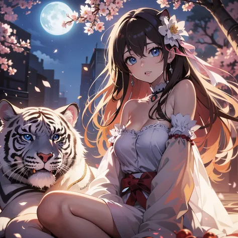Blue eyed anime girl sitting next to white tiger, anime style 4 k, Beautiful anime catgirl, beautiful anime style, Beautiful anime, Anime Art Wallpaper 4k, anime art wallpaper 4k, Beautiful anime girl, 4K anime wallpaper, anime art wallpaper 8k, anime styl...