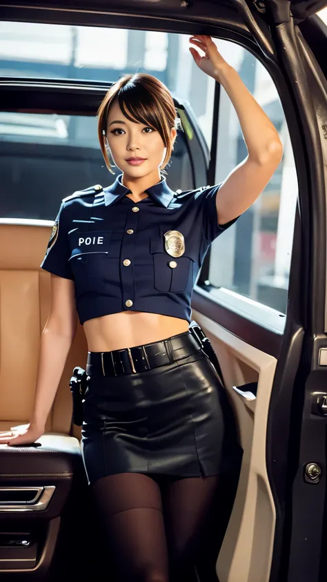 pose in a city police car, a picture，raised sexy, police officers, ((wearing a police uniform:1.5)), bobby, officer, police, out...