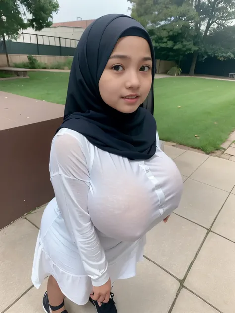 adorable, 1girl, malay girl hijab, 8 years old, baby face, adorable face, dark skin, happy, full body portrait, (face details: 1), (eye details: 1), ((big breasts)). ((Huge breasts)). ((Heavy breasts)). ((Saggy breasts)). wearing white long shirt, transpar...