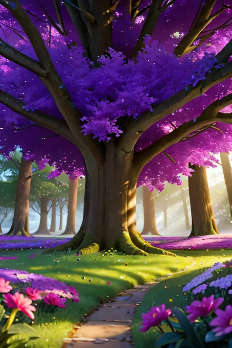 Describe an enchanted forest with sunbeams filtering through the trees. Destaque as cores vibrantes das folhas e flores, creating a magical and welcoming atmosphere. With a large central purple tree with sparkles, tronco largo, 8k, UHigh definition,High de...