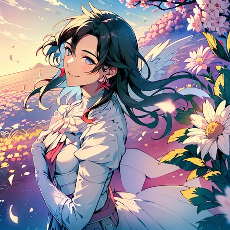 woman in her 30s、modest chest、hair flowing in the wind、soft smile、happy smile、Against the background of blooming flowers and flower fieldagic effect、Warm sunshine、white flower on head、sunny、spring season、petals dancing in the wind、Angel&#39;s white wings f...