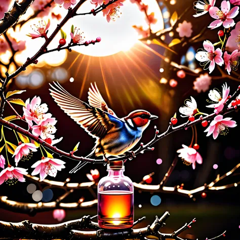 sunset "sparrow bird with open wings spread upwards perched on a cherry blossom branch, top masterpiece of superior high-quality...