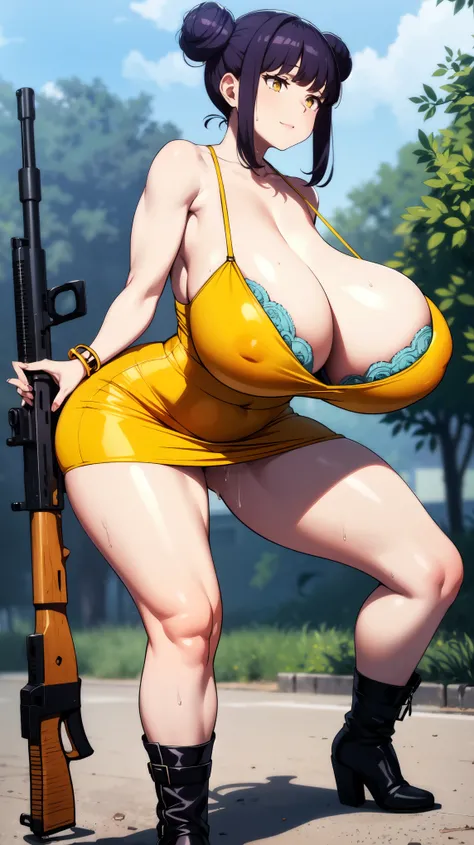 Slime girl, (slime), Slime hair Double buns hair style, Pumpkin Orange, weapon belt, Masterpiece, Best Quality, gigantic breasts, slime girl, slime girl, purple hair, lavender hair, yellow clothes, weapon belt around waistline, rifle, long rifle, AR-15 Rif...