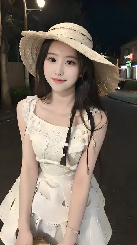 ((best quality, 8K, masterpiece: 1.3)), (straw hat: 1.3), focus: 1.2, perfect body beauty: 1.4, buttocks: 1.2, (layered hairstyle: 1.2), (dark street: 1.3), Highly detailed facial and skin textures, whole body, narrow eyes, double eyelids, skin whitens, lo...