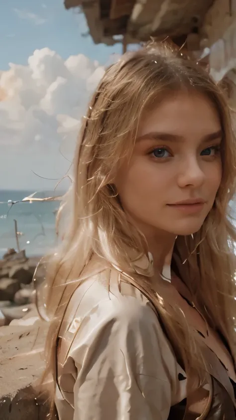 blonde with long hair sunbathing by the sea