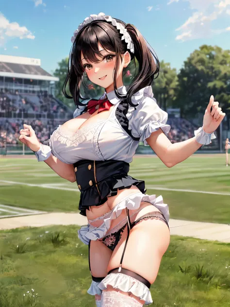 Limited to 1 female, (dynamic posing), Cheerleader (Stylish uniform style costume), mature woman, /(black hair/) bangs, blush and smile brightly, (Masterpiece of the highest quality:1.2) Delicate illustrations super detailed, big breasts(REAK with pom-poms...