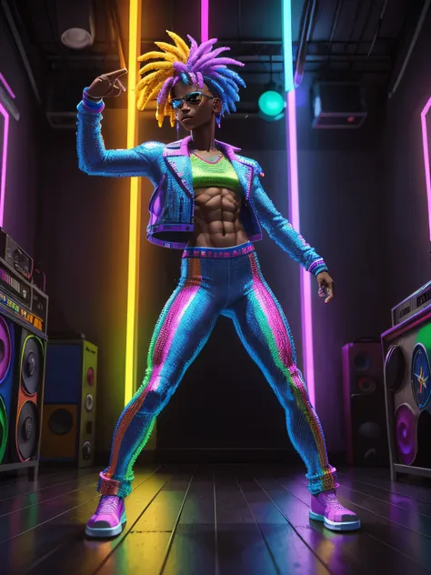 A realistic pixel art sculpture of groovy and thoughtful Rock music enthusiast, dressed in vibrant disco attire, fundo neutral, Moody, , photorealistic, pixelated dance floor scene, ultra detailed, hiper realista, neon lights flashing, 8K.

A realistic pix...