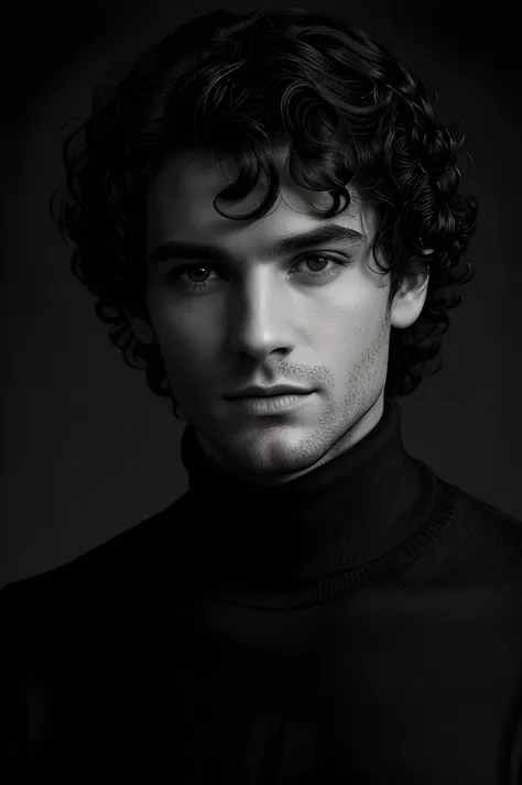 photo-bw, man, human-likeness, photomodel, black hair, curly hair, black turtleneck sweater, grey  background
portrait-medium sh...