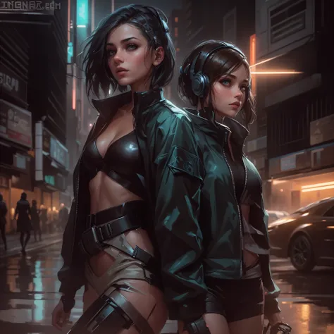 hiperrealistic art style 2 cyberpunk women looking toward camera in a dystopian dark backalley with some néon lights in the background