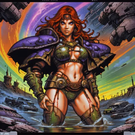 One barbarian girl, red head girl, space-warrior girl, cyborg girl, beautiful bbw girl, chubby girl, woman-warrior, whole body, nude body, Perfect skin, space background, blood rain, dark fantasy, Linsner style, Science fiction, 80s, 16-bit game, VHS era, ...