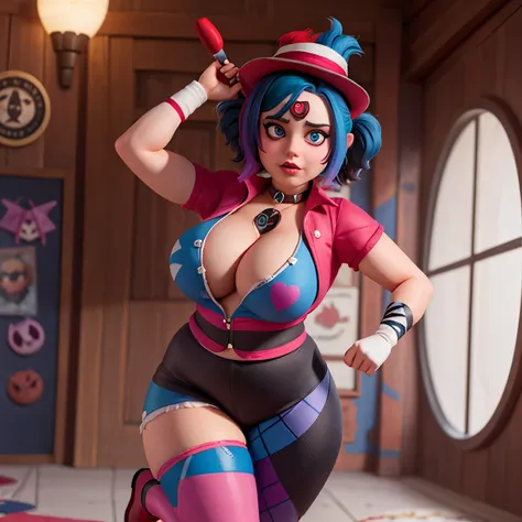 Harley Quinn(suicide squad) chubby, woman, thick waist, large chest, black hair, Madhatter hat, short messy hair, blue eyes, black yoga pants, thicc thighs, short red vest, red boots, fat, larger body, chubby face, face with blush, cleavage visable, boob w...