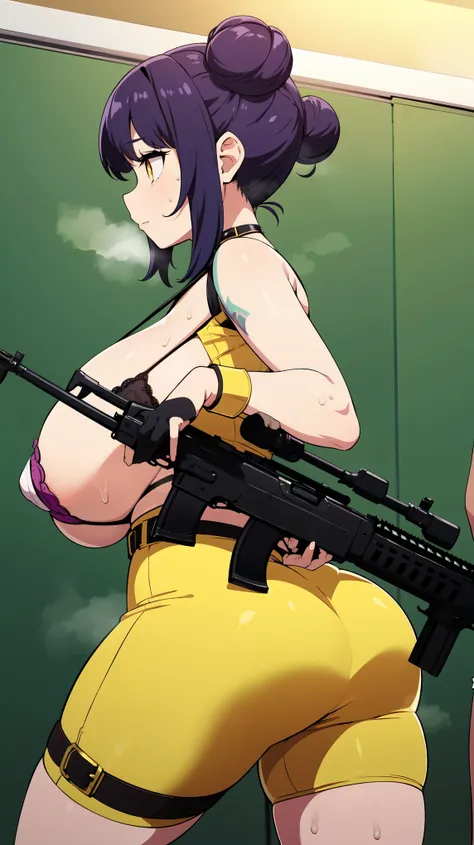 Slime girl, (slime), Slime hair Double buns hair style, Pumpkin Orange, weapon belt, Masterpiece, Best Quality, gigantic breasts, slime girl, slime girl, purple hair, lavender hair, yellow clothes, weapon belt around waistline, rifle, long rifle, AR-15 Rif...