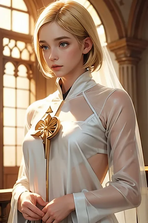 Very beautiful blonde priestess in small, revealing and see through white and golden clothes