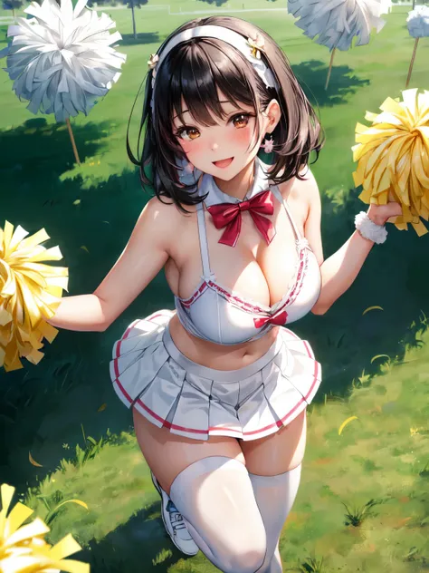 Limited to 1 female, (dynamic posing), Cheerleader (White stylish sexy lingerie outfit), mature woman, /(black hair/) bangs, blush and smile brightly, (Masterpiece of the highest quality:1.2) Delicate illustrations super detailed, large breasts(REAK with p...