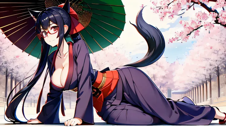 1 girl、alone , greenish black hair、ponytail、big cleavage、fox ears、red eyes、wear glasses、Dark purple kimono、red webbed、light purple long hakama、Cherry blossom pattern haori、Headphones around the neck、Cherry blossom pattern Japanese umbrella、sexy、charm、Wet、f...