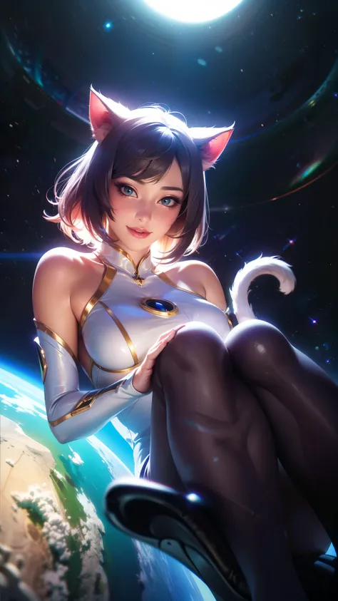 (best quality,4k,8k,highres,masterpiece:1.2),ultra-detailed,(realistic,photorealistic,photo-realistic:1.37),cute and handsome cat-girl woman,space suit from old movies,beautiful detailed eyes,beautiful detailed lips,extremely detailed face,long eyelashes,s...