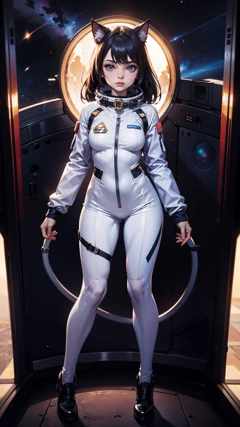 cute and handsome cat-girl woman in space suit from old movies