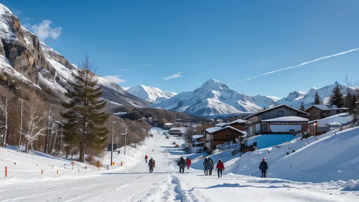 People are at the foot of the mountain covered in snow, olhando para cima e vendo o castelo bem imponente no alto da montanha