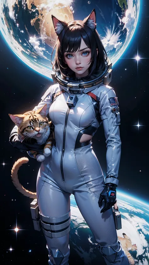 Cute and handsome cat-girl woman in space suit from old movies