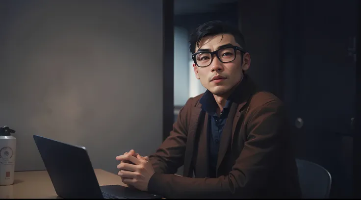 A handsome Asian boy sits at a table, Chinese, handsome, beardless, with a laptop on the table