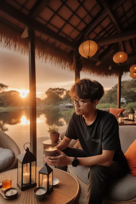 there is a man sitting on a couch with a candle, taken at golden hour, at sunrise, morning golden hour, with sunset, set on singaporean aesthetic, sunset time, at sunset, medium portrait, during sunrise, shot at golden hour, hard morning light, mid shot po...