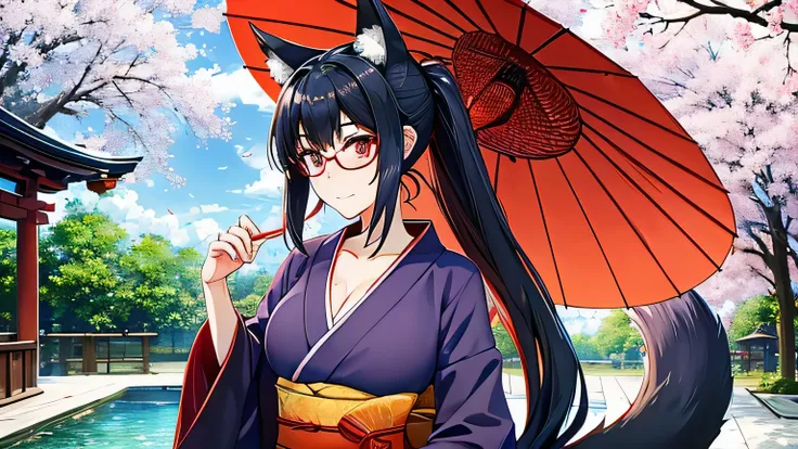 1 girl、alone , greenish black hair、ponytail、big cleavage、fox ears、red eyes、wear glasses、Dark purple kimono、red webbed、light purple long hakama、Cherry blossom pattern haori、Headphones around the neck、Cherry blossom pattern Japanese umbrella、sexy、charm、Wet、f...