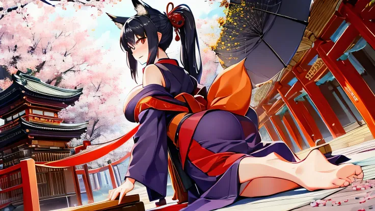 1 girl、alone , greenish black hair、ponytail、big cleavage、fox ears、red eyes、wear glasses、Dark purple kimono、red webbed、light purple long hakama、Cherry blossom pattern haori、Headphones around the neck、Cherry blossom pattern Japanese umbrella、sexy、charm、Wet、f...