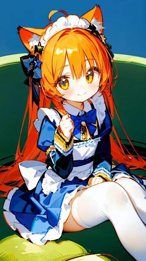 （masterpiece），（best quality），（Rich details），catwoman，Lovely，（（Long orange hair ）） Break cat ears ， golden eyes ，ahog，Wearing a beautiful blue pleated skirt ， Wearing a warm maid outfit ，posture，She has a blue bow in her hair，sunny，small breasts，Smile，Hide ...