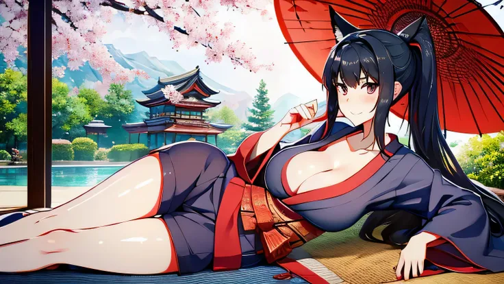 1 girl、alone , greenish black hair、ponytail、big cleavage、fox ears、red eyes、wear glasses、Dark purple kimono、red webbed、light purple long hakama、Cherry blossom pattern haori、Headphones around the neck、Cherry blossom pattern Japanese umbrella、sexy、charm、Wet、f...