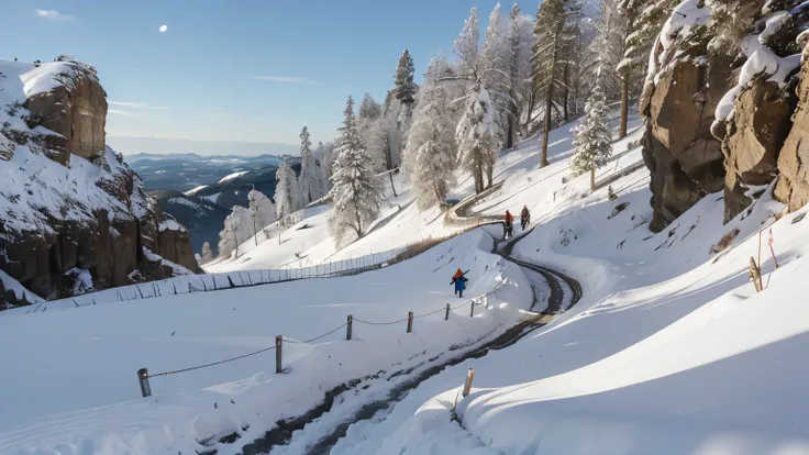 Uma montanha alta e coberta de neve, with a narrow and winding path rising to the top.