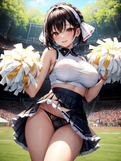 Limited to 1 female, (dynamic posing), Cheerleader (White stylish sexy lingerie outfit　with black edge), mature woman, /(black hair/) bangs, blush and smile brightly, (Masterpiece of the highest quality:1.2) Delicate illustrations super detailed, large bre...