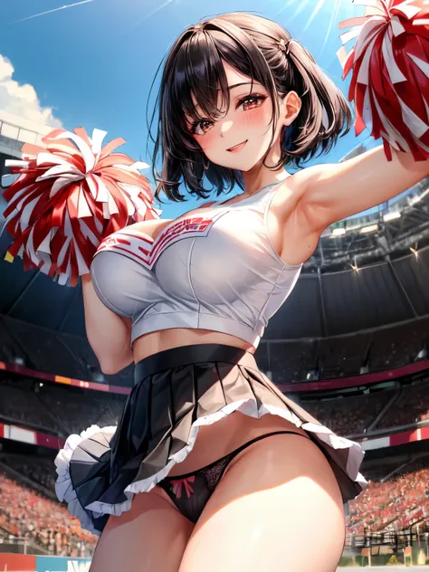 Limited to 1 female, (dynamic posing), Cheerleader (White stylish sexy lingerie outfit　with black edge), mature woman, /(black hair/) bangs, blush and smile brightly, (Masterpiece of the highest quality:1.2) Delicate illustrations super detailed, large bre...