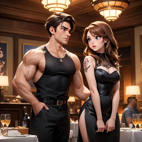 A Disney Pixar-inspired movie poster. Draw a realistic illustration of a couple in a passionate scene at a dinner party. He has brown hair and a striking look, muscular and tattooed with black clothes; She has long, medium blonde hair and is chubby, with l...