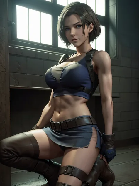 jill valentine,resident evil 3,3d,pose,areolae,blue eyes,boots,breasts,breasts outside,brown hair,busty,female,female focus,hourglass figure,medium breasts,nipples,nudity,panties,pinup,posing,ripped clothing,seductive,seductive look,seductive smile,short h...