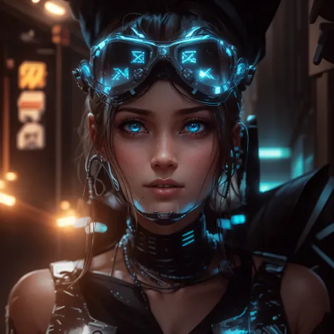 hiperrealistic art style cyberpunk woman looking toward camera in a dystopian dark backalley with some néon lights in the background