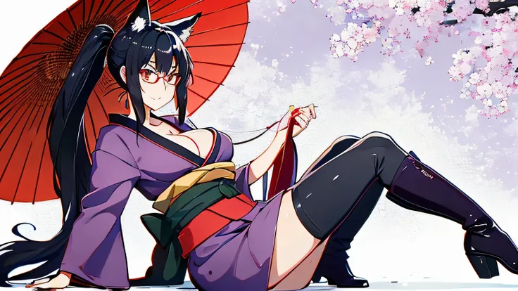 1 girl、alone , greenish black hair、ponytail、big cleavage、fox ears、red eyes、wear glasses、Dark purple kimono、red webbed、light purple long hakama、Haori、leather boots、that&#39;s why、Headphones around the neck、Japanese umbrella、sexy、charm、Wet、face turns red、far...