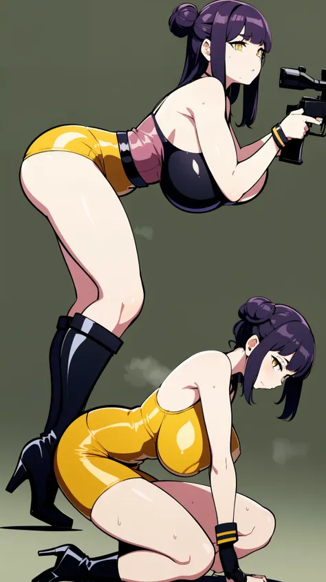 Slime girl, (slime), Slime hair Double buns hair style, Pumpkin Orange, weapon belt, Masterpiece, Best Quality, gigantic breasts, slime girl, slime girl, purple hair, lavender hair, yellow clothes, weapon belt around waistline, rifle, long rifle, AR-15 Rif...