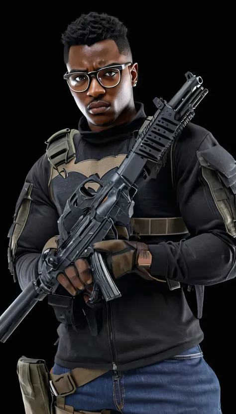 A black man with glasses and short hair, going to war with gun in hand, devastating and realistic scenario, your superhero outfit, fundo limpo e claro, he is standing with the gun in his hand, imagem super realista ultra 4k