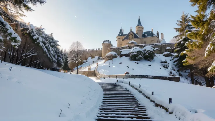 Uma montanha alta e coberta de neve, with a narrow and tortuous path going up to the top where there is an imposing castle 