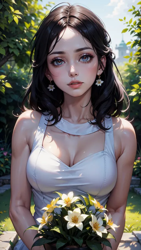 (best quality,highres),portrait,beautiful detailed lips,soft and flawless skin,subtle and delicate makeup,studying in a vibrant garden scene with blooming flowers, surrounded by natural sunlight, creating a warm and serene atmosphere. The scene showcases t...