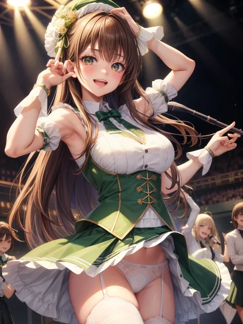 highest quality、All limbs、full finger、Slender beauty、straight hair、brown hair、Dereste、green, 白とgreenのアイドル衣装、high socks、beautiful big breasts、live stage、sing、dancing、big smile、(white horizontal lace panties:1.1), skirt lift, show off panties
