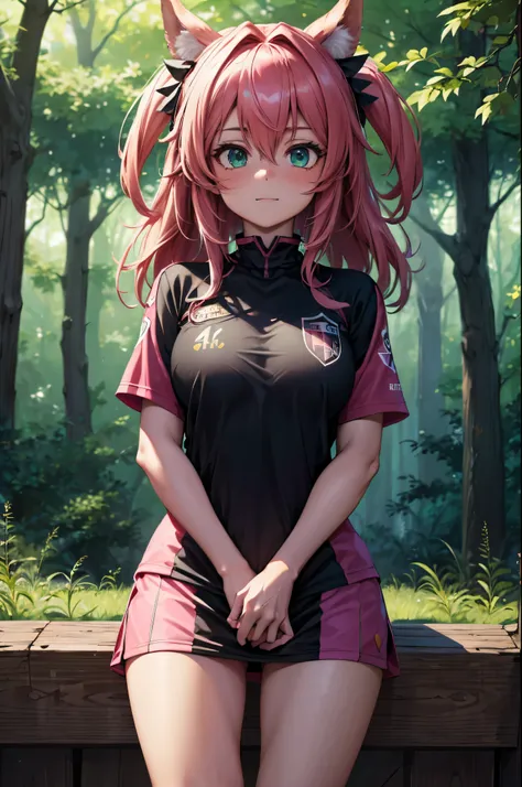 (best quality,4k,8k,highres,masterpiece:1.2), ultra-detailed, 1girl, astolfo fate, soccer uniform, green eyes, inside the forest