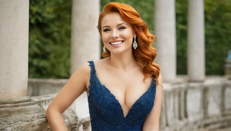 Photo of a beautiful 25 year old woman (kein Make-up) auf einer Hochzeit. natural face, blaue Augen, lange orange-rote Haare, blasse Haut, Perfect natural skin, strukturierte Haut, beautiful curves, weibliche Figur, big  (Cup size C). She wears a very eleg...