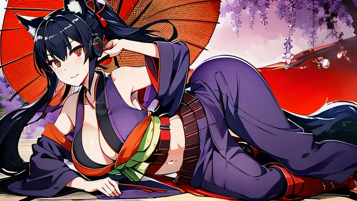 1 girl , alone ,Taisho Modern、、big cleavage、headphone , greenish black hair、ponytail、fox ears、red eyes、sunglasses、Dark purple kimono、Red kanzashi、light purple long hakama、Haori、leather boots、headphones、Japanese umbrella、sexy、charm、Wet、face turns red、far sh...