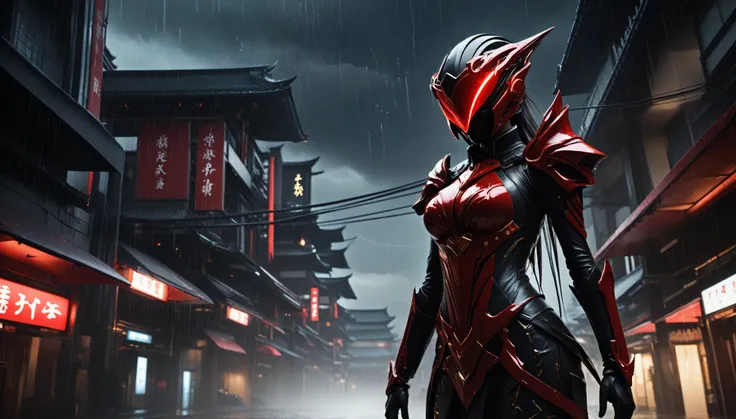 1 japanese girl, WARFRAME, intricate pattern, heavy metal, energy lines, faceless, glowing eyes, elegant, intense, blood red and black uniform, solo, modern, city, streets, dark clouds, thunderstorm, heavy rain,, dramatic lighting,, (masterpiece:1.2), best...