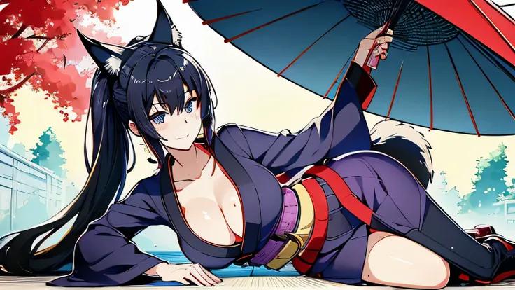 1 girl , alone ,Taisho Modern、、big cleavage、headphone , greenish black hair、ponytail、fox ears、blue eyes、sunglasses、Dark purple kimono、red hair ornament、light purple long hakama、Haori、leather boots、headphones、sunglasses、Japanese umbrella、sexy、charm、Wet、face...