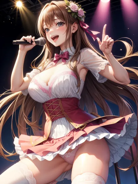 highest quality、All limbs、full finger、Slender beauty、straight hair、brown hair、Dereste、pink, 白とpinkのアイドル衣装、high socks、beautiful big breasts、live stage、sing、microphone, dancing、big smile、(white horizontal lace panties:1.1), skirt lift, shirt lift, show off p...