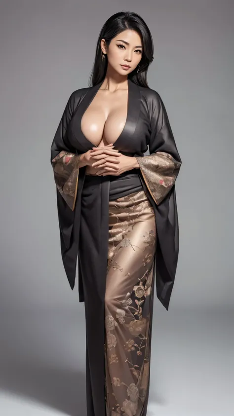 ((masterpiece,best quality,8k,highres)),((character concept art)), 1 female, mature female, Asian, grandmother, milf, sexy, lustful, 40 years old, 160 cm height, (medium length grey hair), black hair, (fair skin colour), ultra finely detailed eyes (brown ...