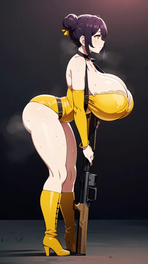 Slime girl, (slime), Slime hair Double buns hair style, Pumpkin Orange, weapon belt, Masterpiece, Best Quality, gigantic breasts, slime girl, slime girl, purple hair, lavender hair, yellow clothes, weapon belt around waistline, rifle, long rifle, AR-15 Rif...