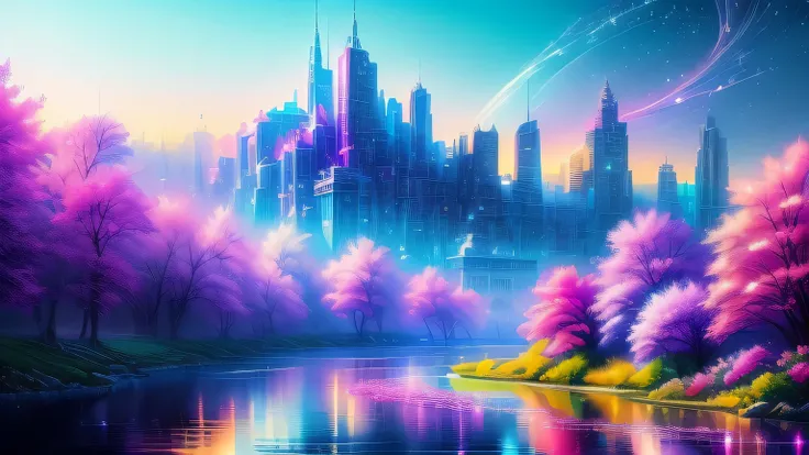 Top quality, colorful art museum, river painting with stars in the sky, glowing skyscrapers, shiny all over, stylish skyscrapers, fantasy art, beautiful anime scenes, dream paintings, fantasy landscape paintings, fantasy knights, beautiful flowers are bloo...